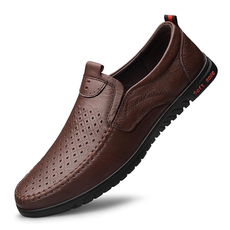 Men s Autumn Casual Leather Cowhide Slip-on Loafers - Breathable, Perforated Korean Style 39