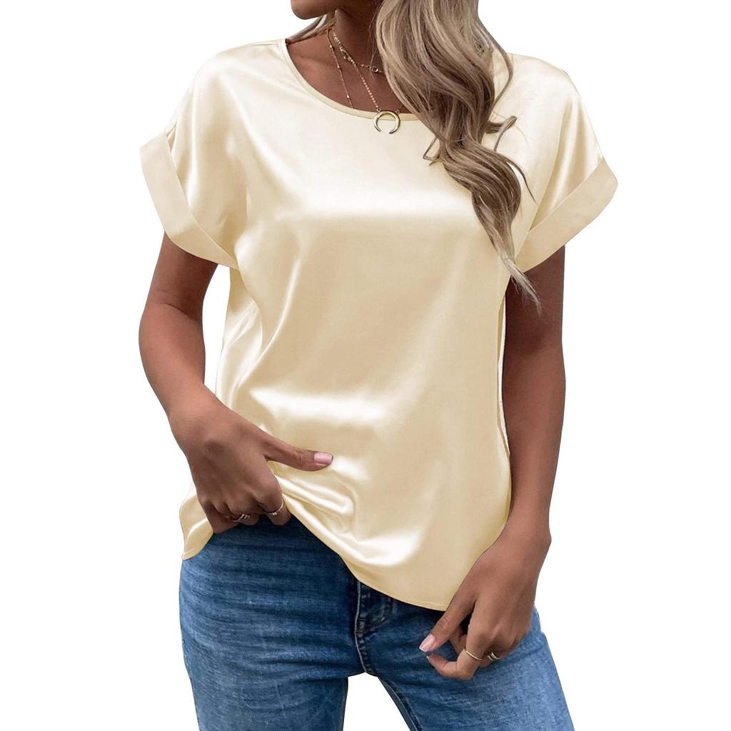 Elegantes Damenhemd Einfarbiges T-Shirt Sommer Damen Kurzarm Satinhemd Locker Lässig Rundhals T-Shirt Top S-XXL
