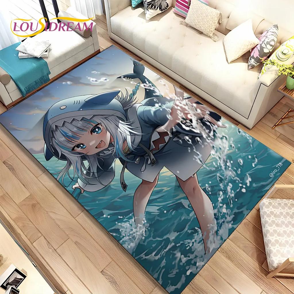 Gawr Gura Hololive Niedlicher Anime-Teppich, groß, Teppich für Wohnzimmer, Schlafzimmer, Sofa, Fußmatte, Dekoration, rutschfeste Bodenmatte für Kinder