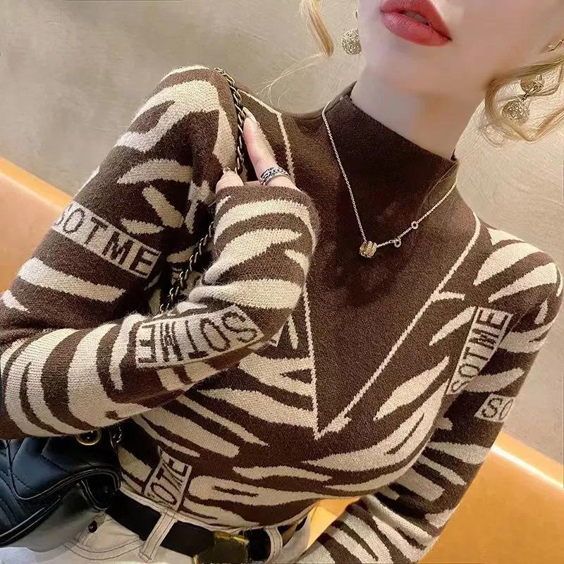 Women's Pullover Slim Checkered Sweater Autumn and Winter Piled Collar Patchwork Printing Fashion Casual Long Sleeve Tops