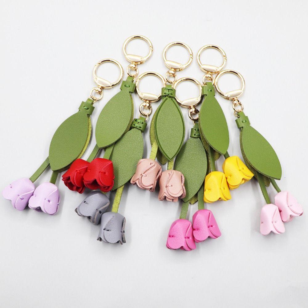 Car Decoration Tulip Flower Keychain Leather Keychain Pendant High Quality Bag Ornament  Gift Toys