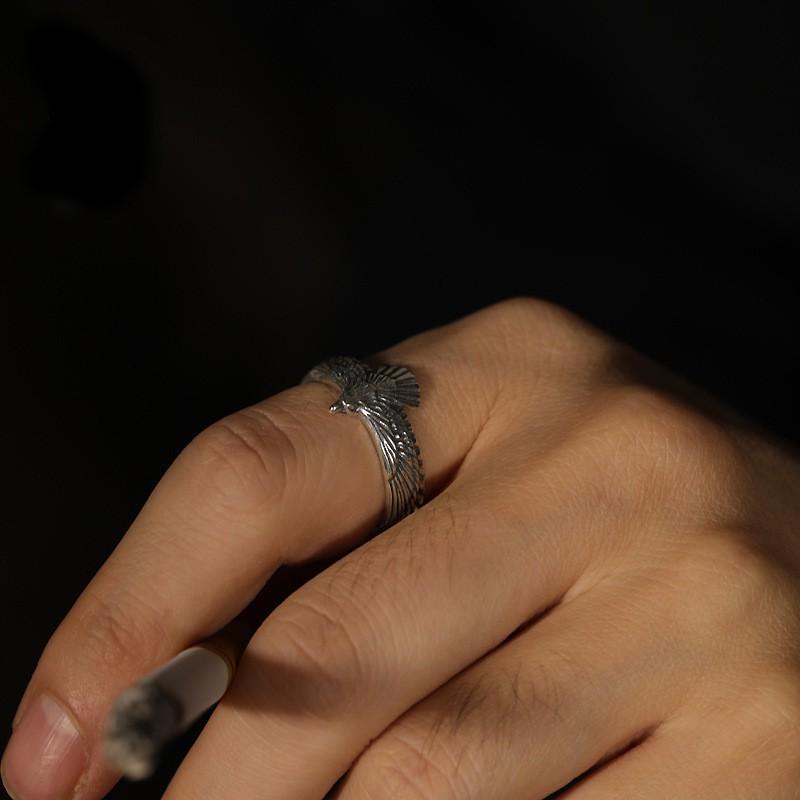 Adjustable Open Ring With Eagle Motif Sterling Vintage Bohemian Couple Finger Men Women