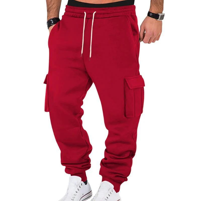 Mens Retro Casual Cargo Pants Loose Multi Pocket Drawstring Long Trousers