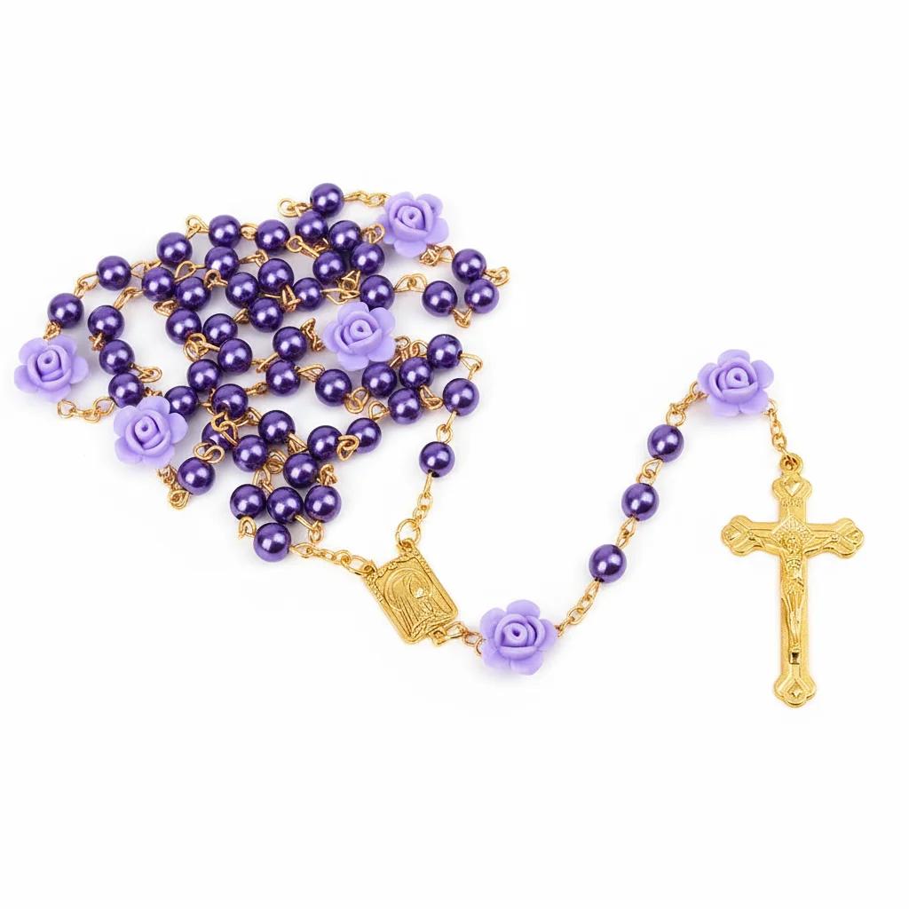 Religion Rosary Necklace For Women Crucifix Cross Pendant 6MM Long Glass Beads Rose Chain Choker Female Prayer Jewelry Gift