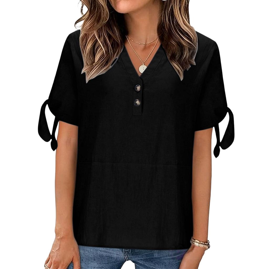 Womens V Neck Short Sleeve Blouse with Button and Tie Sleeve Casual Loose Fit Top for Daily Wear Office School