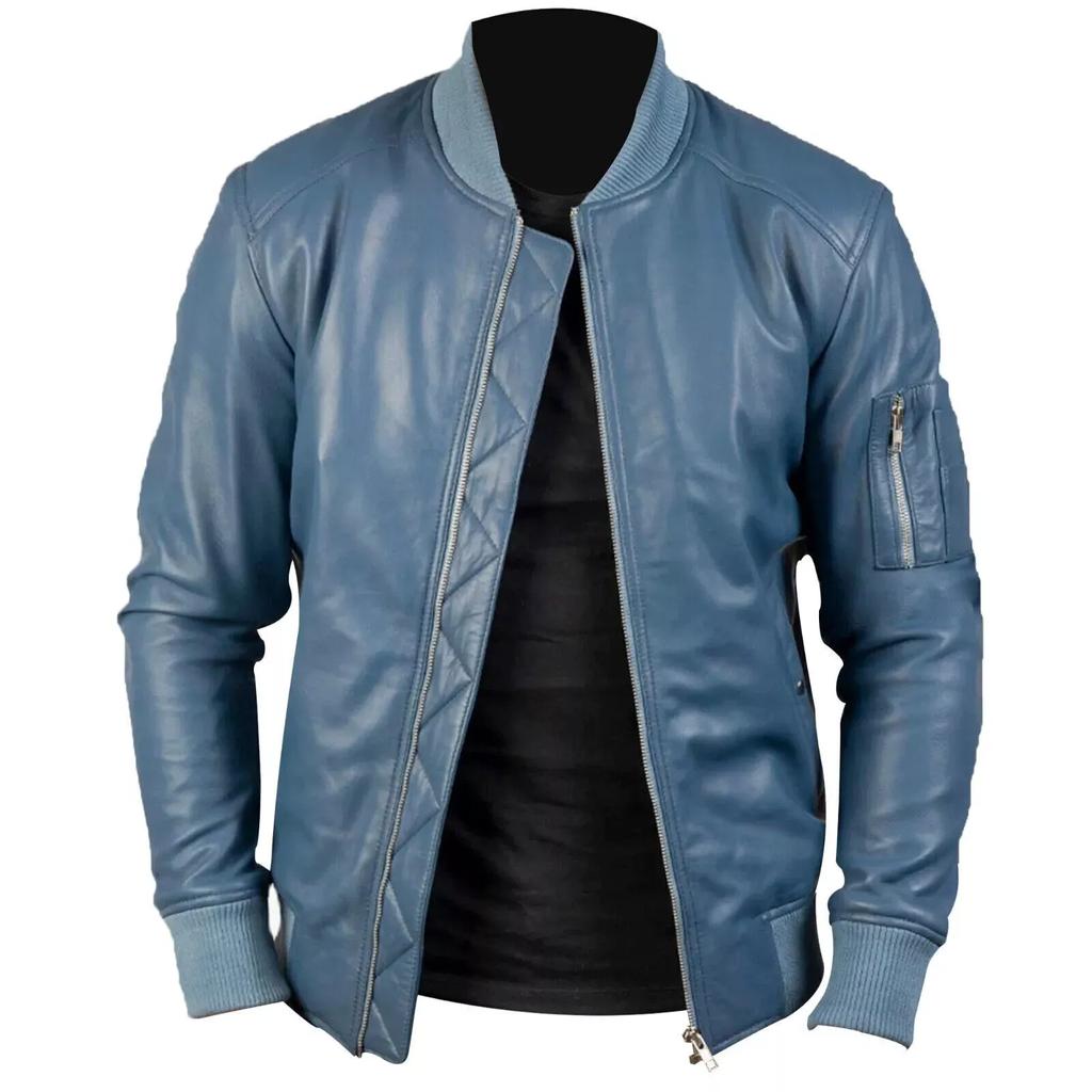Men's Genuine Leather Blue Lambskin Bomber Stylish Biker Jacket Handmade Casual Handmade