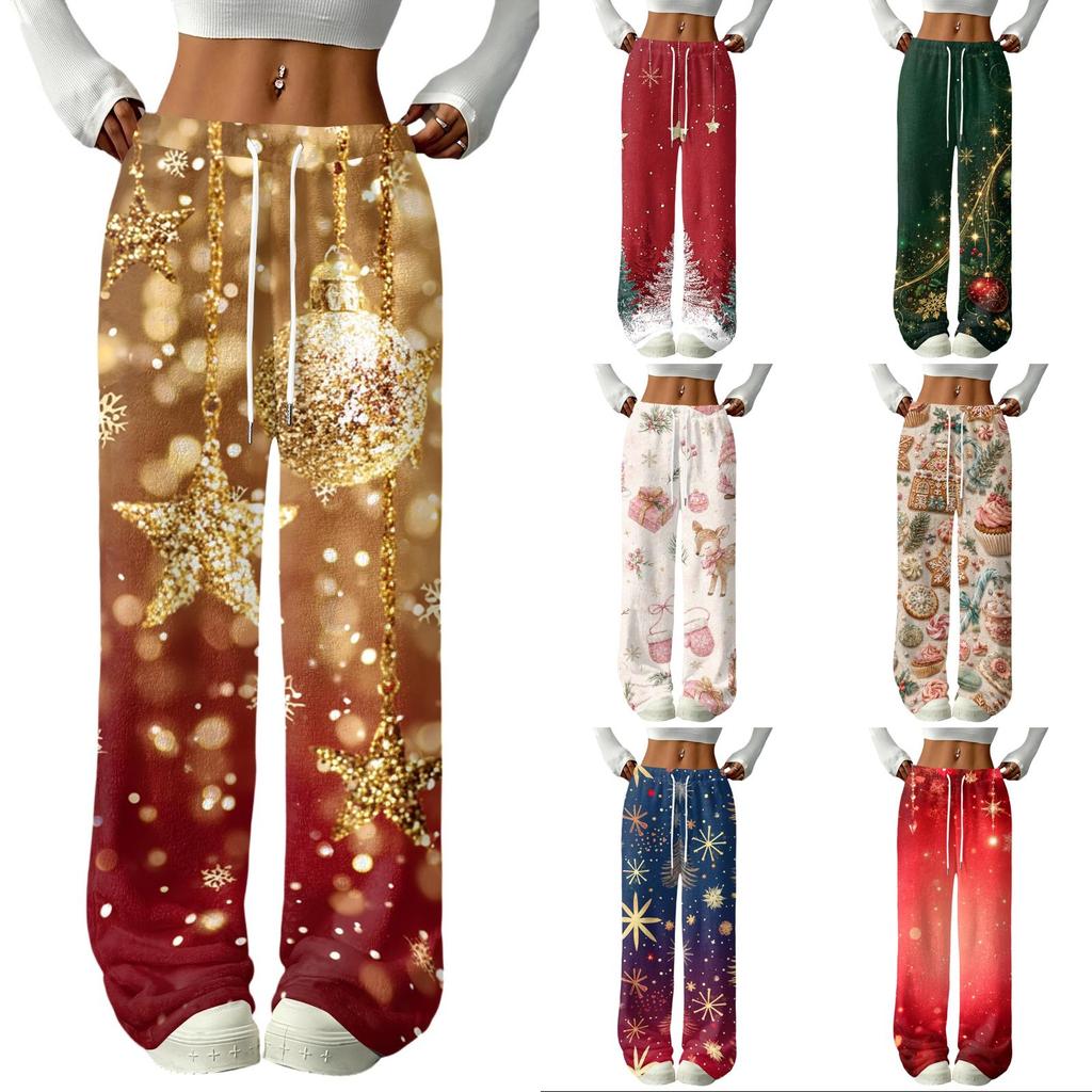 Damen Casual Christmas Print Gefütterte Gerade Hosen mit Elastischem Bund