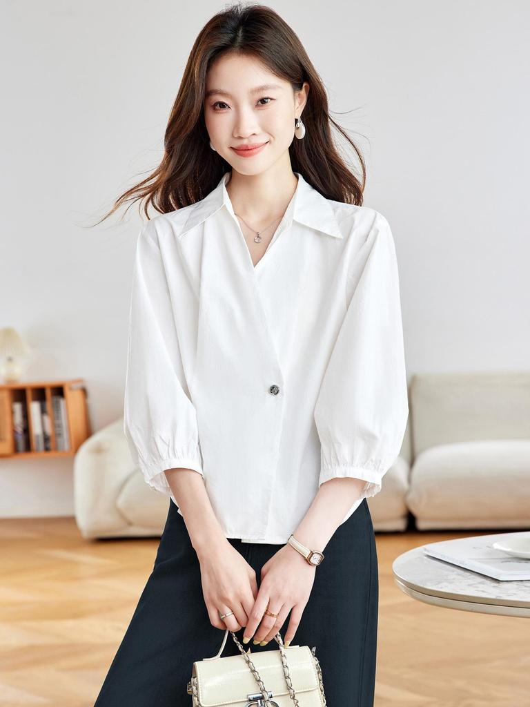 Damen Weißes Langarm-T-Shirt aus reiner Baumwolle mit V-Ausschnitt, Herbst 2025 Französischer Stil