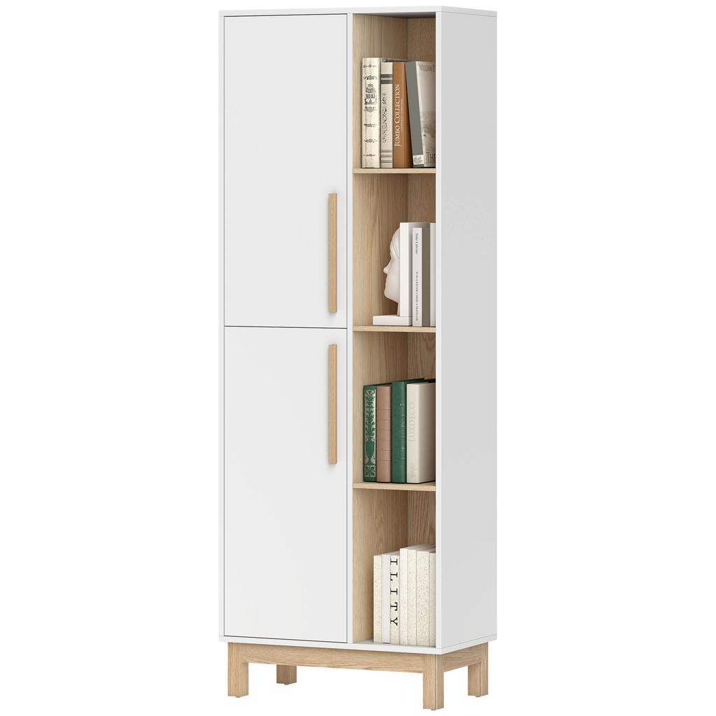 Bathroom Cabinet, 2 Doors, 4 Open Compartments, Adjustable Shelves, White and Natural