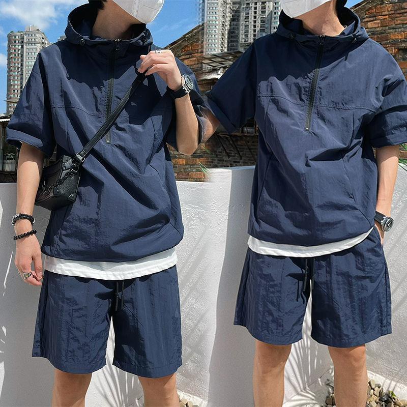 Sommar Cargo Huvtröja Träningsdräkt Kortärmad T-shirt Dragkedja och Shorts Outfits Snabbtorkande Enfärgad Casual Utomhus Sport Klädset