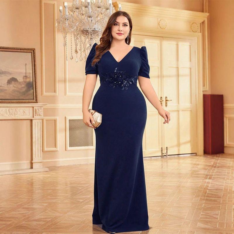 High-End Plus-Size Long Dress, New European and American Style Short-Sleeve Dress, Slim-Fit Mermaid Bridesmaid Evening Gown