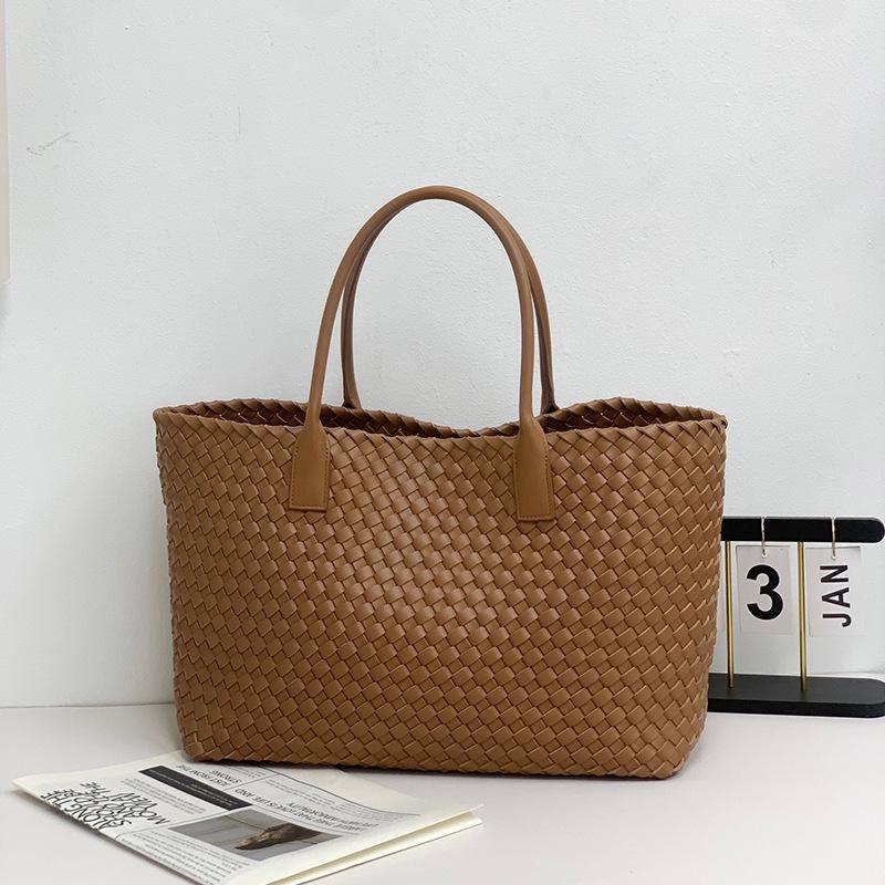 New Double-sided Woven Tote Bag Women's Genuine Leather Shoulder Handbag Large-capacity Shopping Bag Vegetable Basket Commuter Versatile