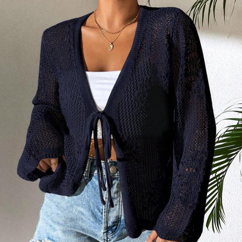 Cross-border Amazon Europe and America Hollow Summer Knitted Cardigan Women's Beach Knitted Sweater Long-sleeved Bow Knitted Cardigan