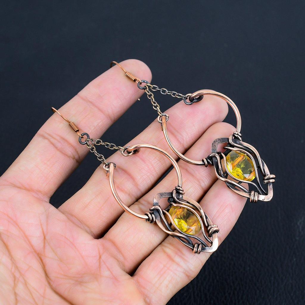Citrine Earrings, 999 Copper Wire Wrapped Gemstone Jewelry, Handmade Earrings, For Thanksgiving