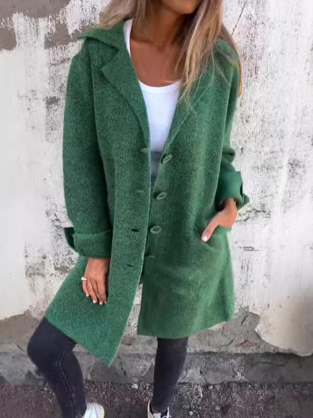2024 Women's Solid Color Cardigan Coat - Turn-Down Collar, Pockets, Single-Breasted, Mid-Length (Autumn/Winter)
