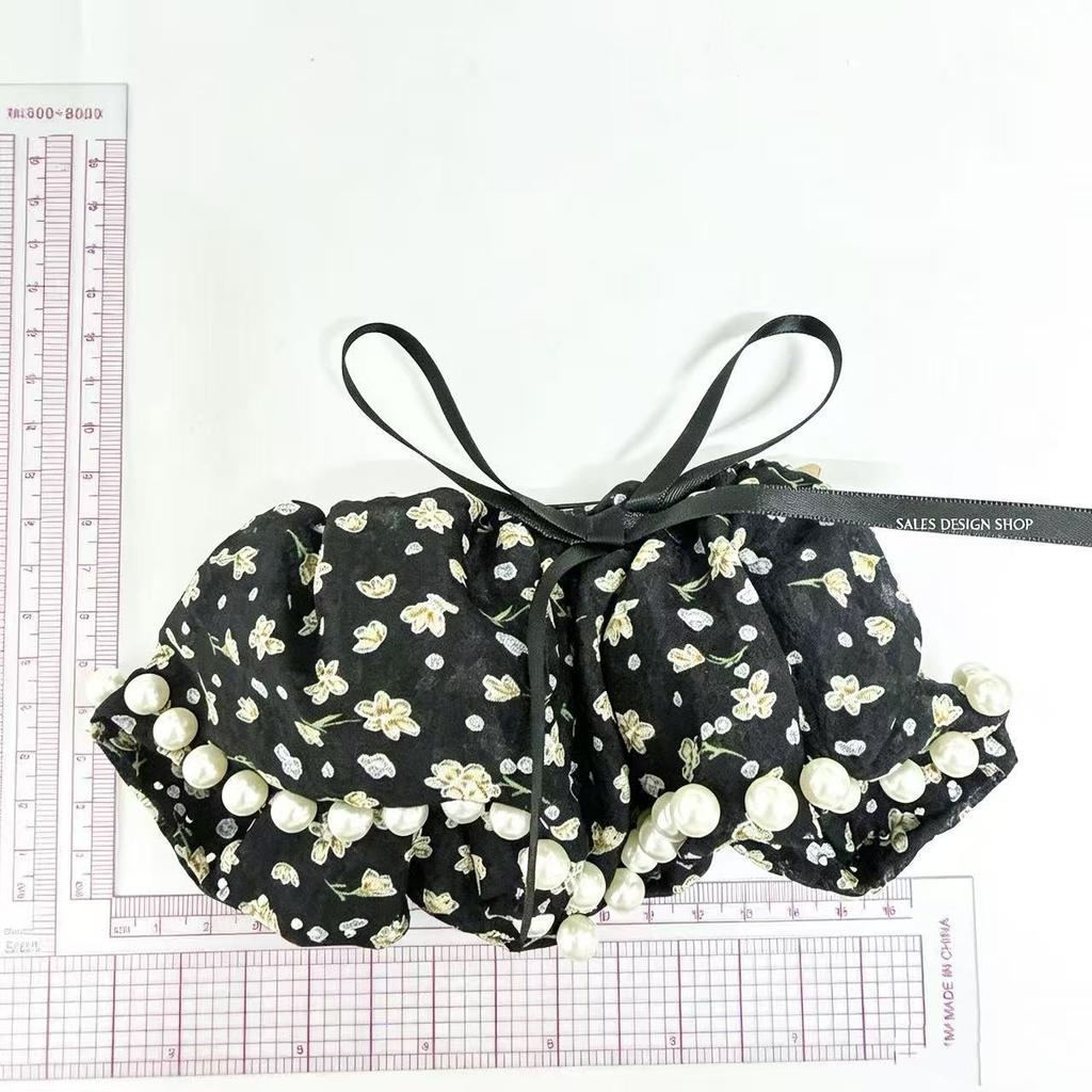 French Retro Floral Pearl Bow Chiffon Hair Clip