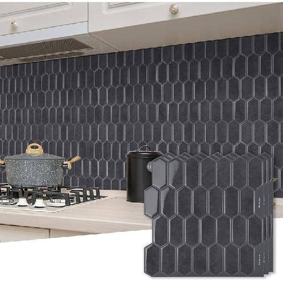 Long Hexagon Peel and Stick Tiles Backsplash,10-Sheet 3D Self Adhesive Wall Tile BackSplash 12 x 12 Inch for Kitchen,Bathroom(Green).