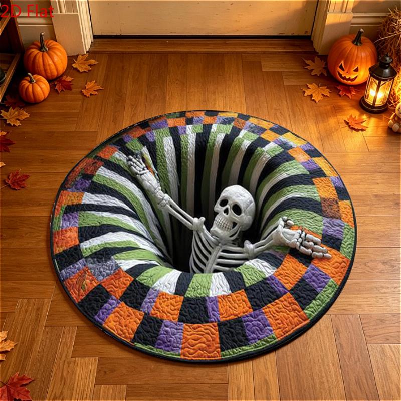 3D Optical Illusion Haunted Staircase Round Rug Halloween Vintage Ghost Pumpkin Floor Mat Skeleton Pattern Bedroom Decor Carpet