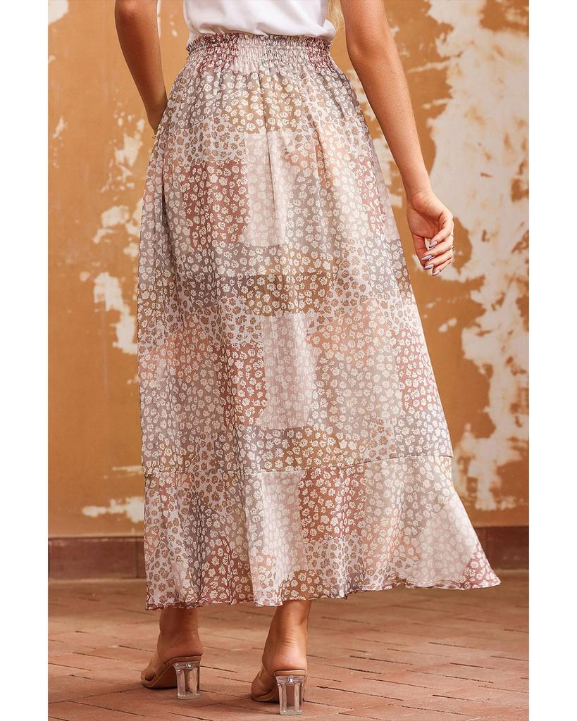 Azura Exchange Flower Print Maxi Skirt with Smocked Waist and Button Slit