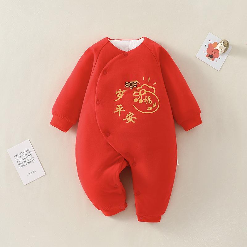 Newborn Red Cotton Onesie: Winter Warm Padded Jumpsuit for Autumn Crawling and New Year Celebrations.