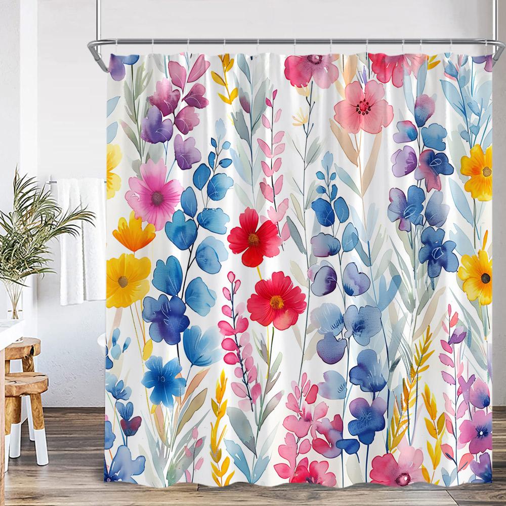 Watercolor Floral Shower Curtain Flower Plant Butterfly Purple Blue Golden Blossom Bathroom Decor ModernPolyester Bath Curtain