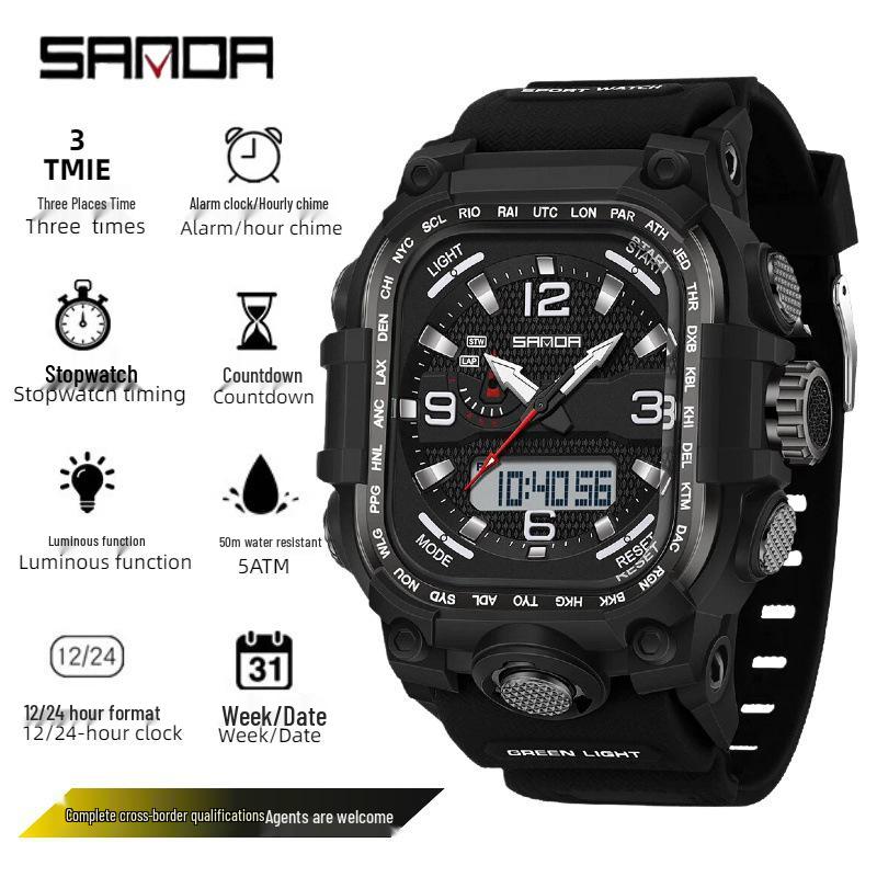 Sanda Men's Trendy Waterproof Multi-Functional Electronic Watches with Three-Time Zones for Casual Use