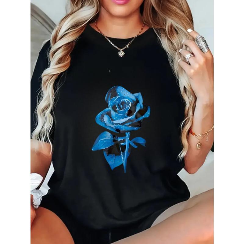 Oversized T Shirt Black Blue Rose Print Casual Wear For Women Summer Outfit Street Style Fashion Top