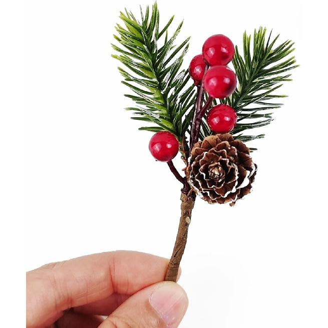 RONYOUNG 20PCS 4.5inch Red Berry Stems Pine Branches Evergreen Berries Décor Artificial Pine Cones Branch for Christmas Craft Wreath Pick & Winter