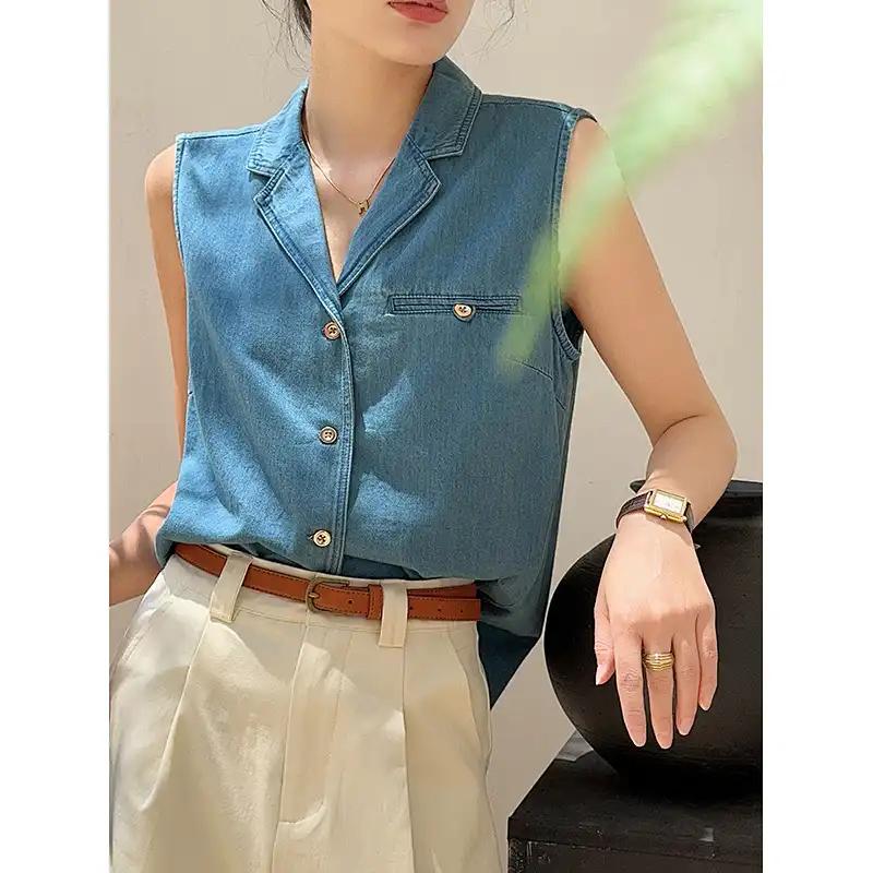Women Blue Denim Lapel Sleeveless Button Down Vest S