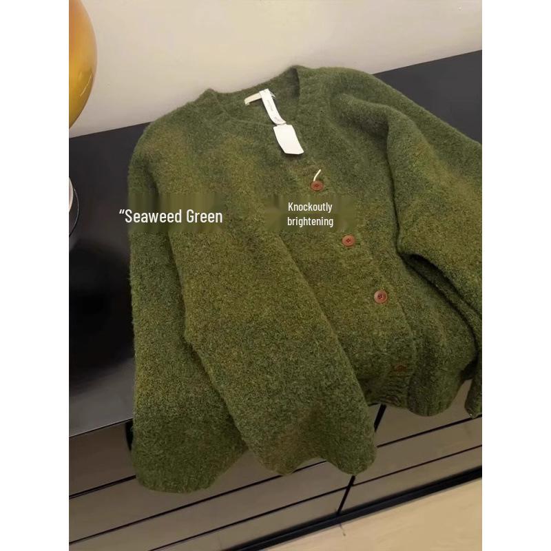 

Seaweed Green Mori Style Thick Knit Cardigan for Autumn and Winter XL (125-135 jin)