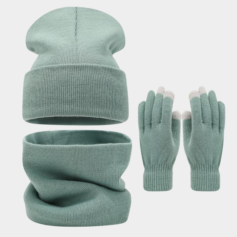 

Tide big head circumference solid color face small hat scarf gloves three-piece winter outdoor warm hat set