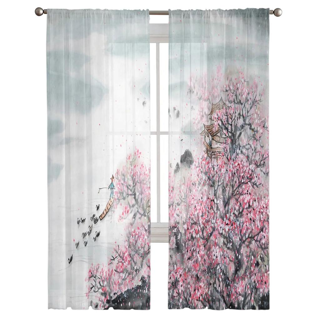 Plum Chinese Style Ink Modern Printed Tulle Curtains for Bedroom Balcony Window Decor Creative Fashion Home Sheer Curtain