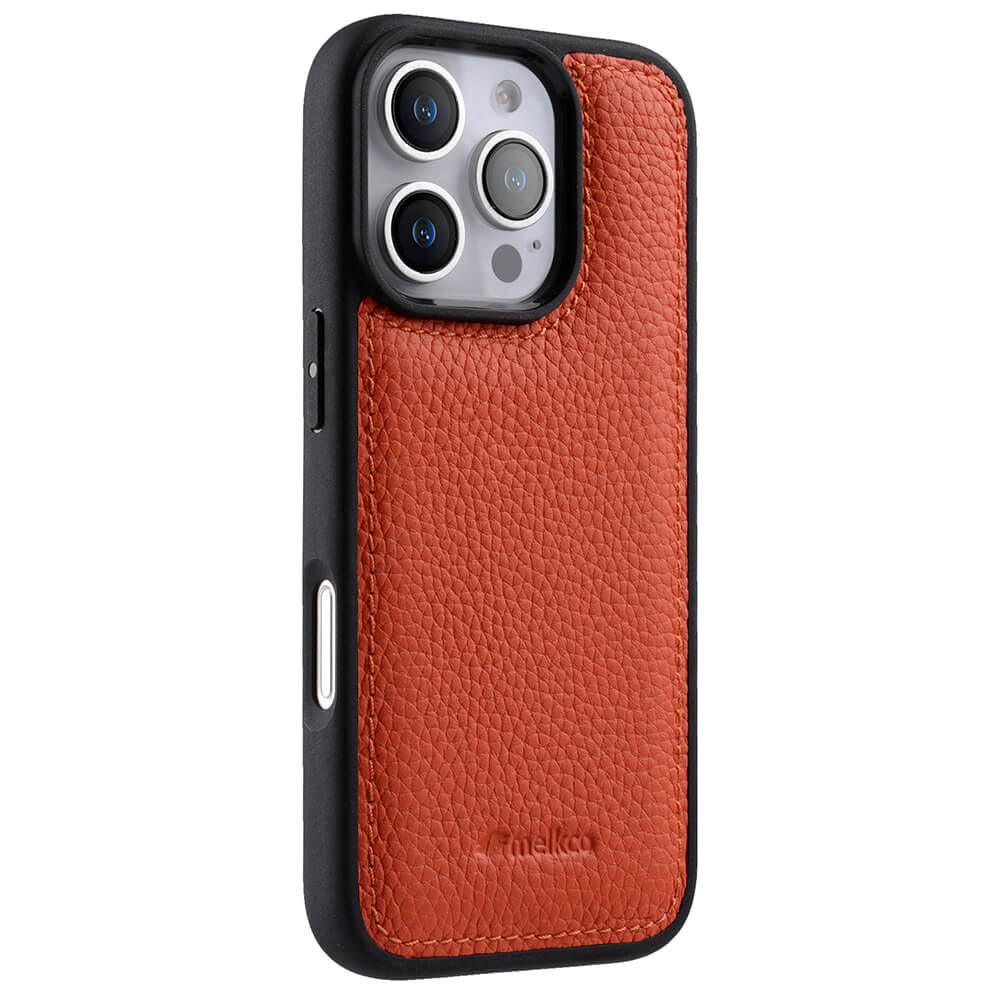 

MELKCO For iPhone 16 Pro Max Case Genuine Cow Leather Coated PC Phone Cover Orange