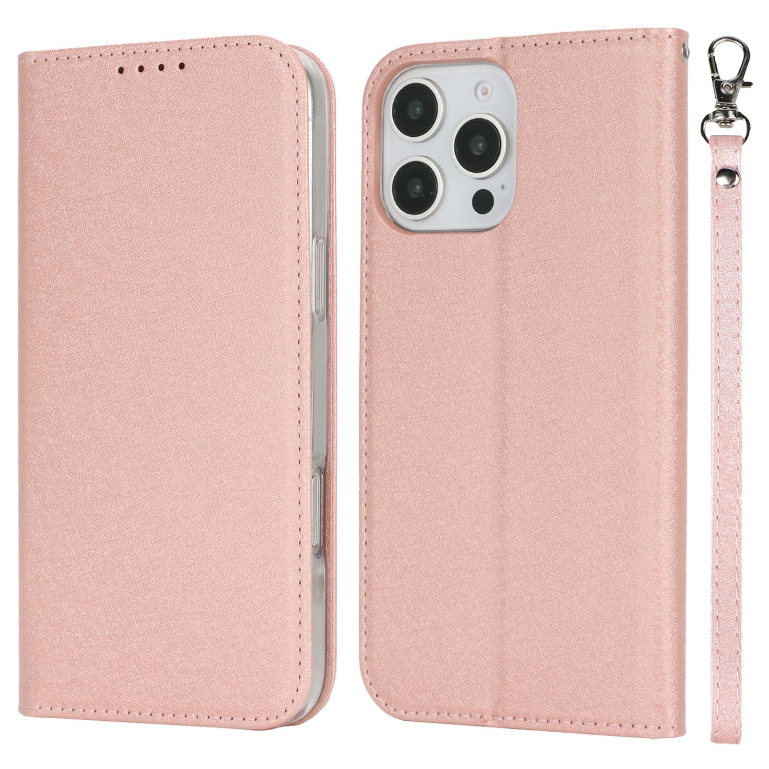 

For iPhone 16 Pro Max Case PU Leather Silk Texture Magnetic Flip Phone Cover Rose Gold