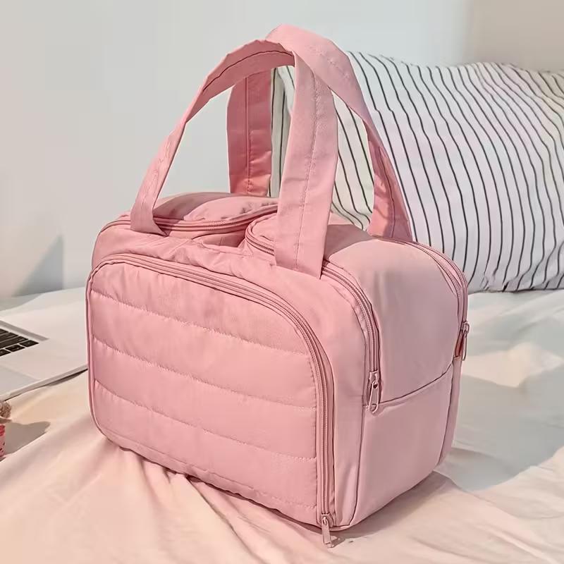 

Женская дорожная сумка-органайзер большой вместимости для макияжа и туалетных принадлежностей с несколькими отделениями - Прочный нейлоновый косметический кейс с ручкой розовый