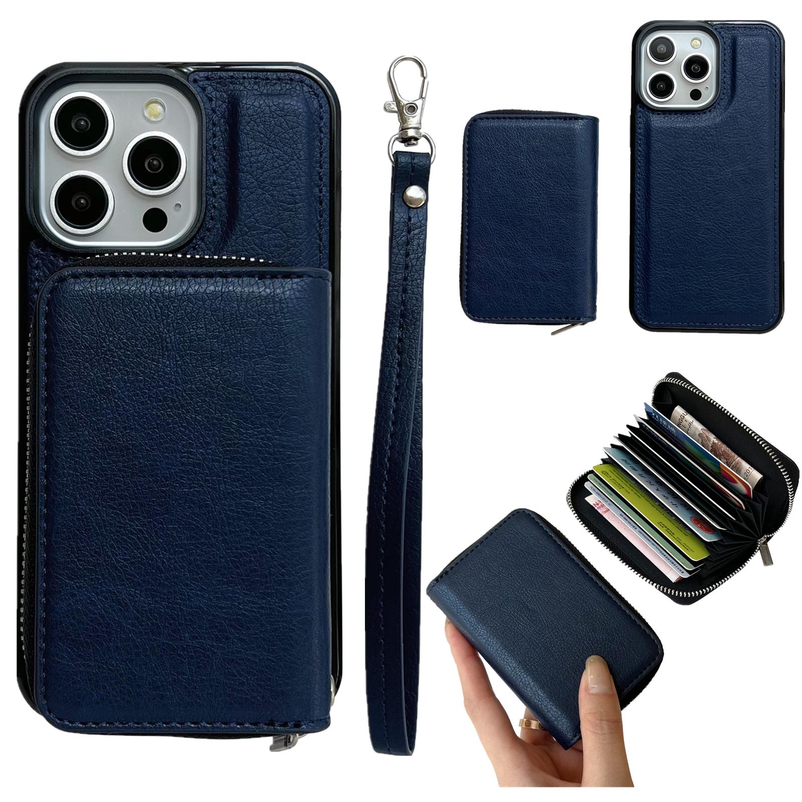For iPhone 15 Pro Max Case Detachable Zipper Card Bag PU+TPU Kickstand Phone Case with Strap A