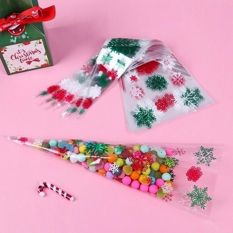 100PCS Wedding Favors Transparent Xmas Pattern Cone-Shaped Christmas Candy Bags Gift Pouch Pocket Pastry Bags Xmas Gifts Bags
