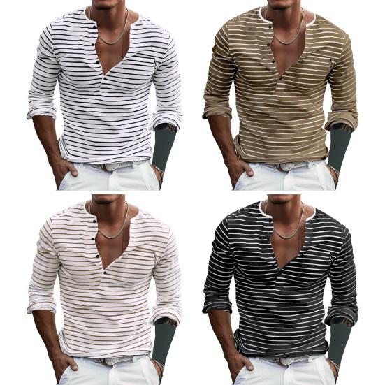 Herbst Frühling Herren Top V-Ausschnitt Streifendruck Farblich passende Langarm Pullover Mittellanges Freizeithemd für den Alltag