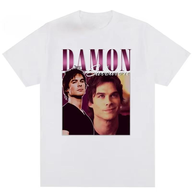 90s Retro Damon Salvatore Graphic T Shirt Unisex Harajuku Fashion Cotton Short Sleeve Tshirts Y2k Mens Gothic Clothing TShirt