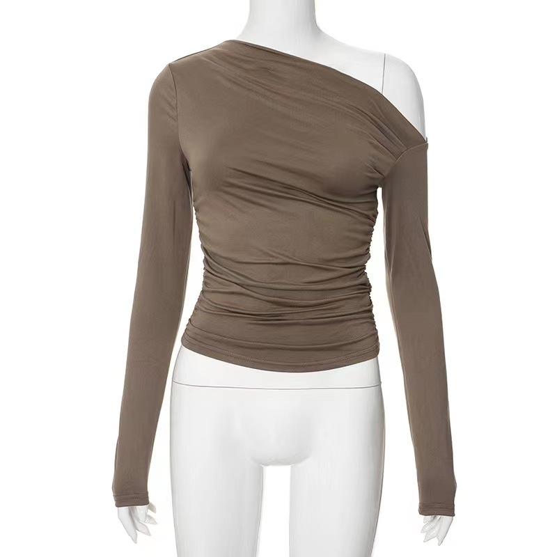 YYFS Moda Donna Casual Primavera Autunno Tinta Unita Stampa Manica Lunga Scollo Obliquo Bluse e Camicie