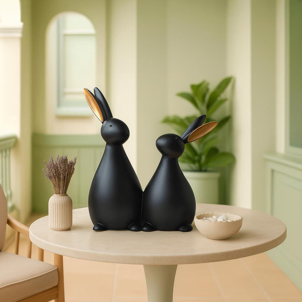 Resin Rabbit Figurines for Home Decor (Set of 2 pc, Black Color)
