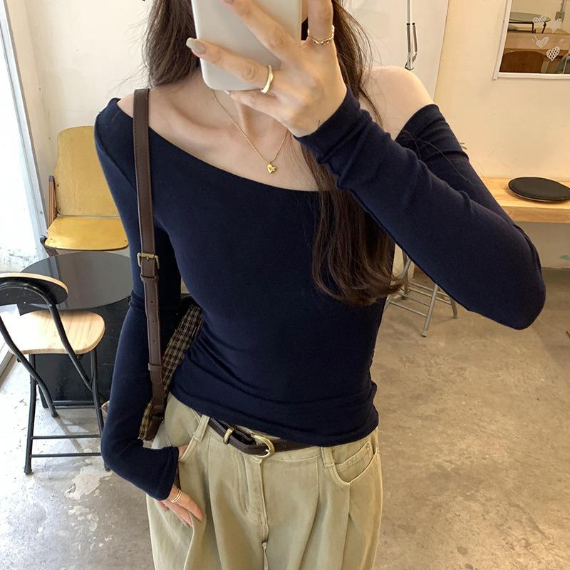 Elegant Spring Autumn Women's T-shirt 2026 Slim Fit Casual New Off Shoulder Top Fashion Long Sleeve Blouse Solid Color Sweet Clothing