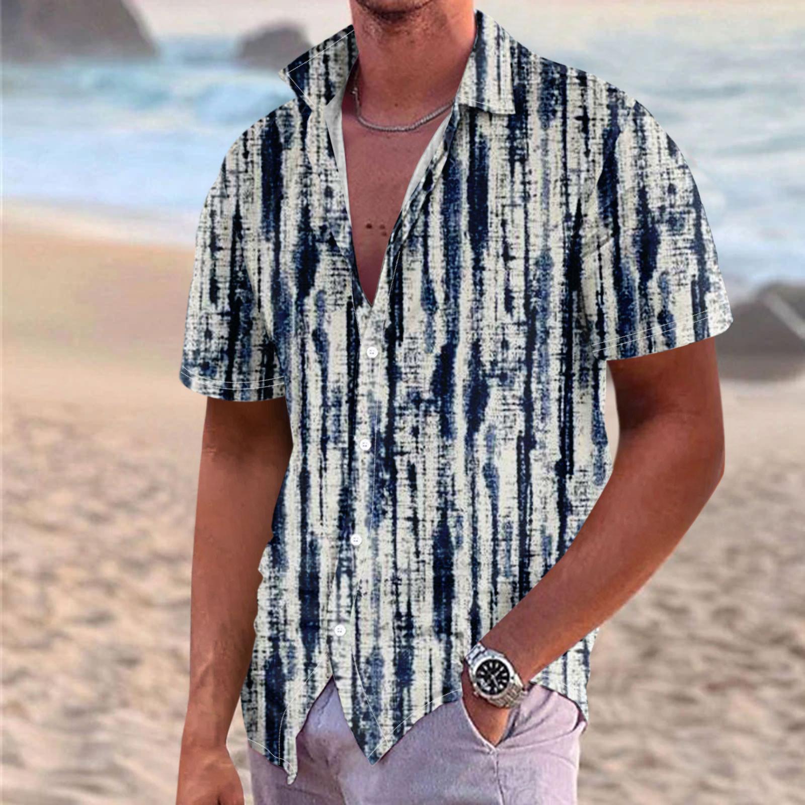 

Гавайская рубашка для мужчин, мужские винтажные рубашки для боулинга на пуговицах, летняя пляжная рубашка с коротким рукавом XXXL темно-синий