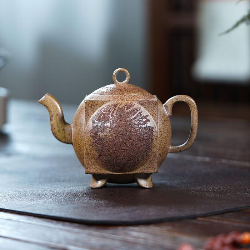 

270ml High-end Yixing Purple Clay Teapots Handmade Square Dragon Ball Pot Raw Ore Wood-fired Porcelain Mud Kettle Zisha Tea Set