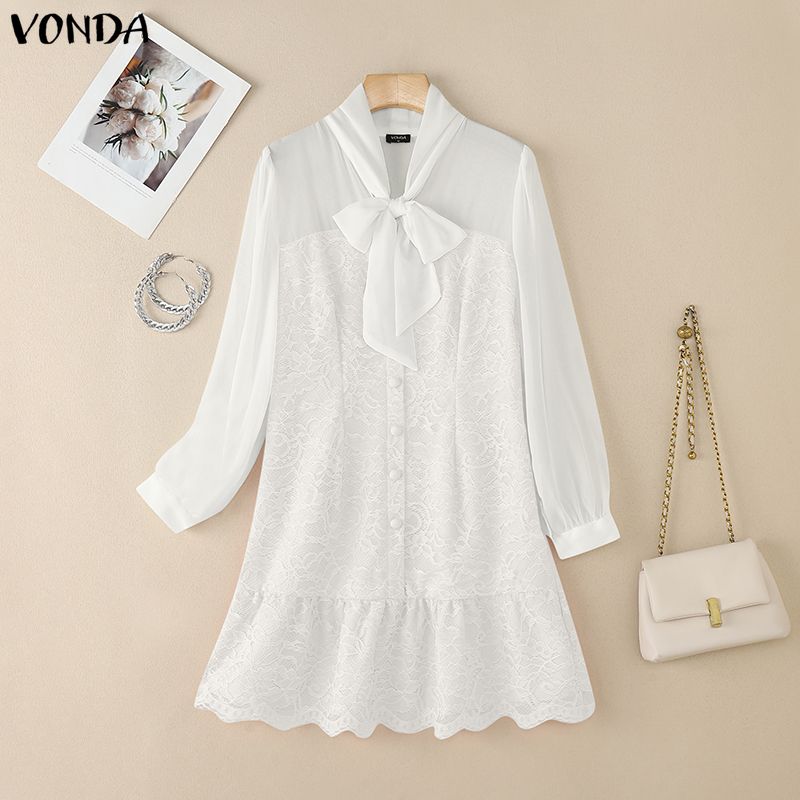 VONDA Women Casual Bow Knot Neck Long Sleeve Lace Crochet Patchwork Elegant Ruffled Dress
