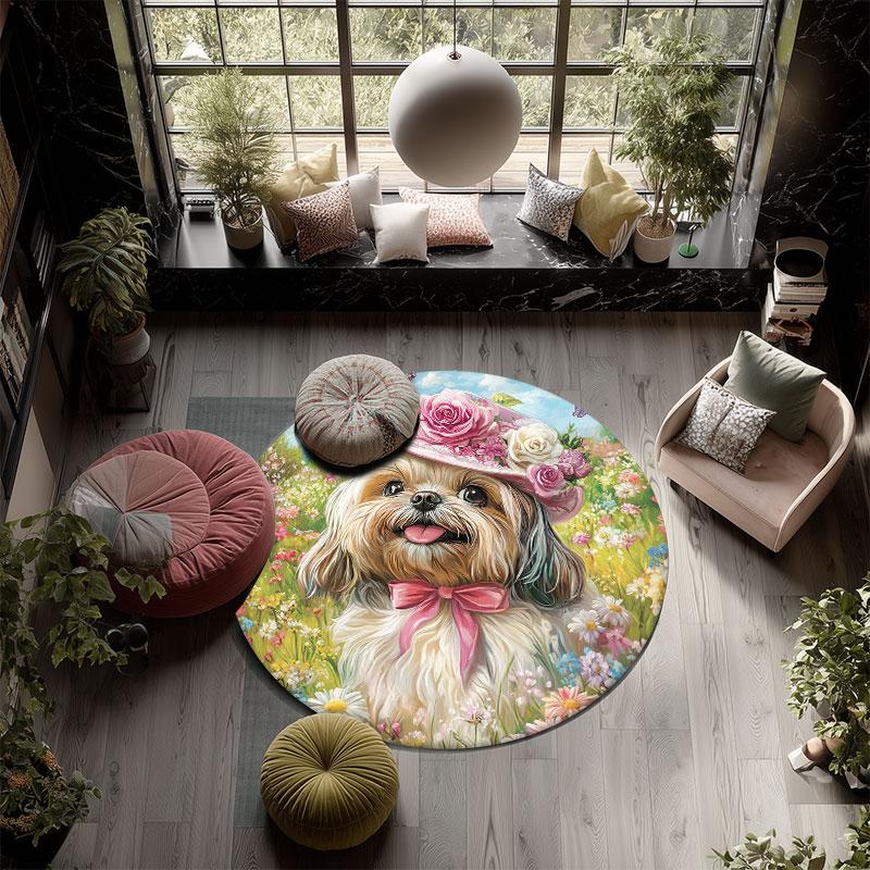 Shih Tzu & Flowers Pattern Round rug,Carpet Rug for Living Room Bedroom Playroom ,Non-slip Floor Mat,Holiday Gifts and Birthday Gifts.
