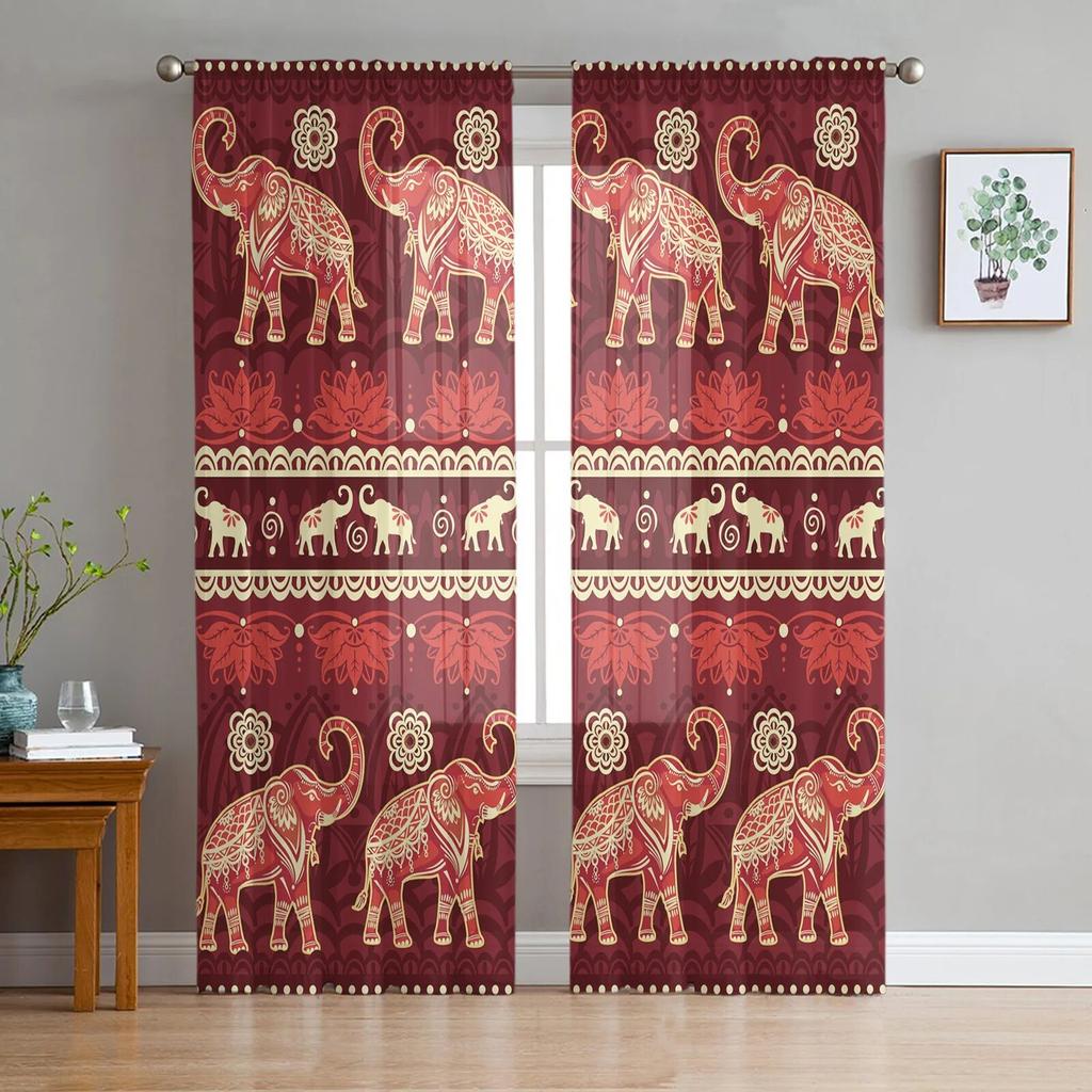 Elephant Hand Drawn Indian Style Sheer Curtains For Bedroom Living Room Tulle Curtains For Kitchen Window Voile Curtains