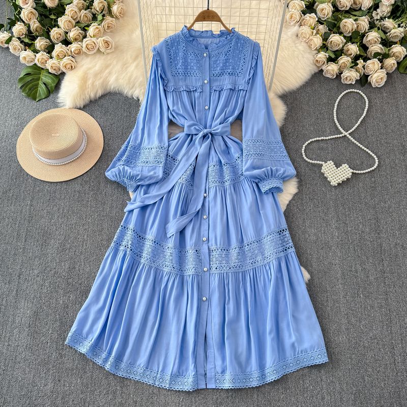 

Ruffled Collar Silm Long Hollow Dress Breasted Blue All yards