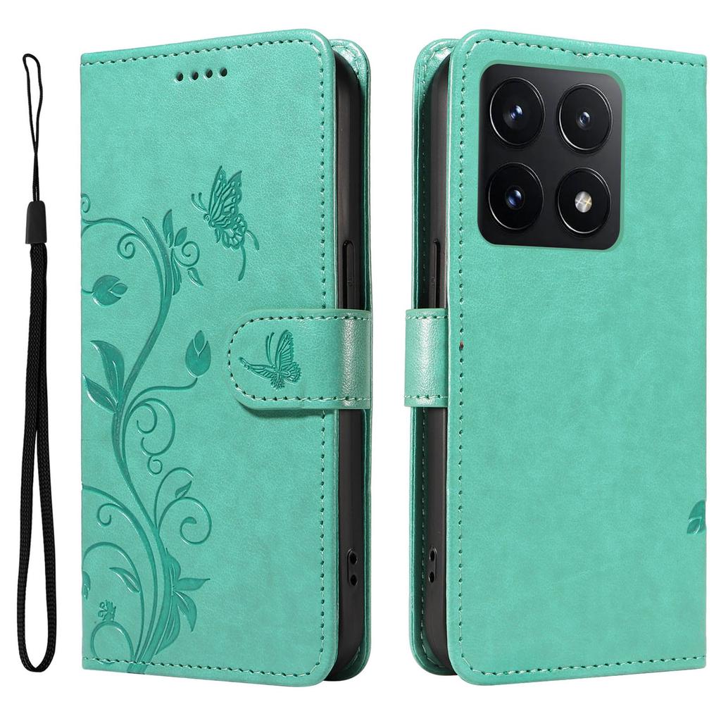 Für Xiaomi 14T PU Lederhüllen Blumenmuster Brieftasche Ständer Handyhülle mit Riemen
