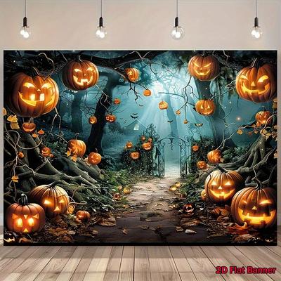 2D Flat Banner Halloween-themed Background Tapestry - Polyester Pumpkins and Ghost Forest Design